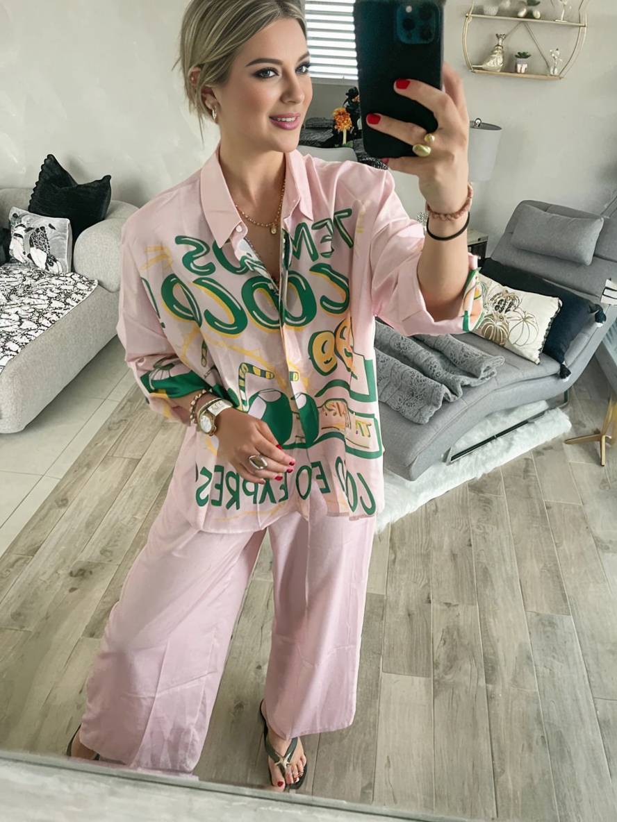 tenue ensembles avec pantalon lettres motif col chemise manches longues femme style boyfriend décontracté deux pièces