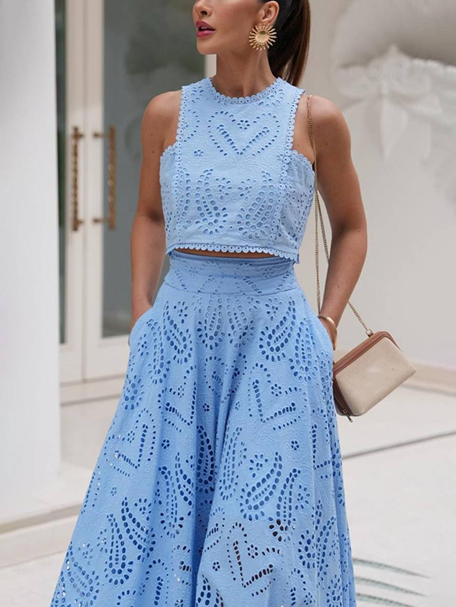 robe broderie anglaise poches sans manches hauts trapèze fluide jupe femme élégant décontracté ensemble