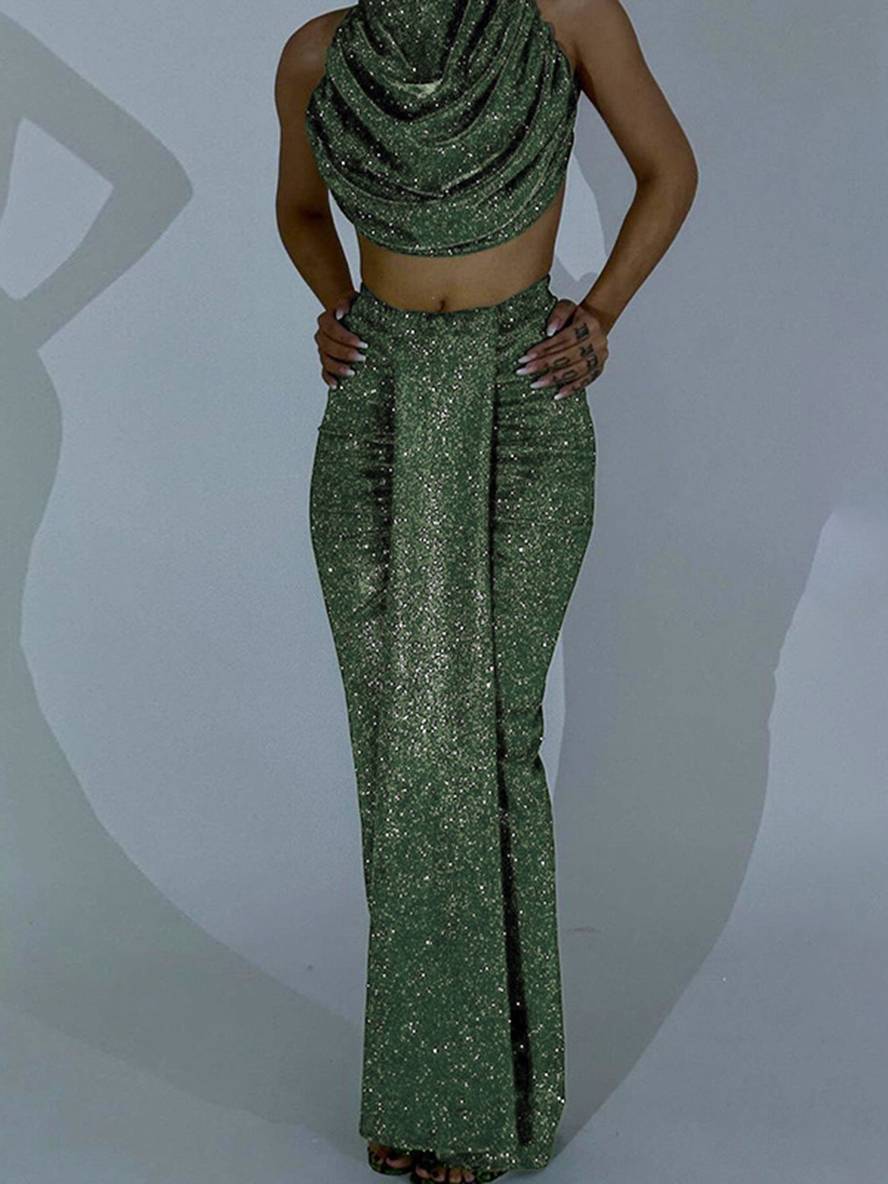 ensemble robe licou à fines brides dos nu sans manches hauts longue jupe femme décontracté deux pièces