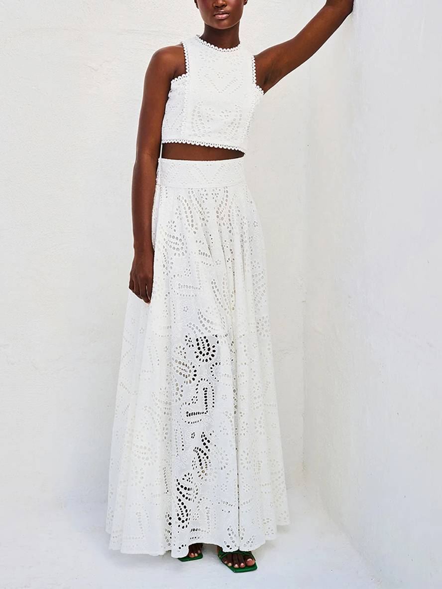 robe broderie anglaise poches sans manches hauts trapèze fluide jupe femme élégant décontracté ensemble