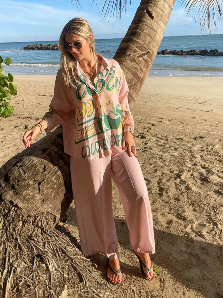 tenue ensembles avec pantalon lettres motif col chemise manches longues femme style boyfriend décontracté deux pièces