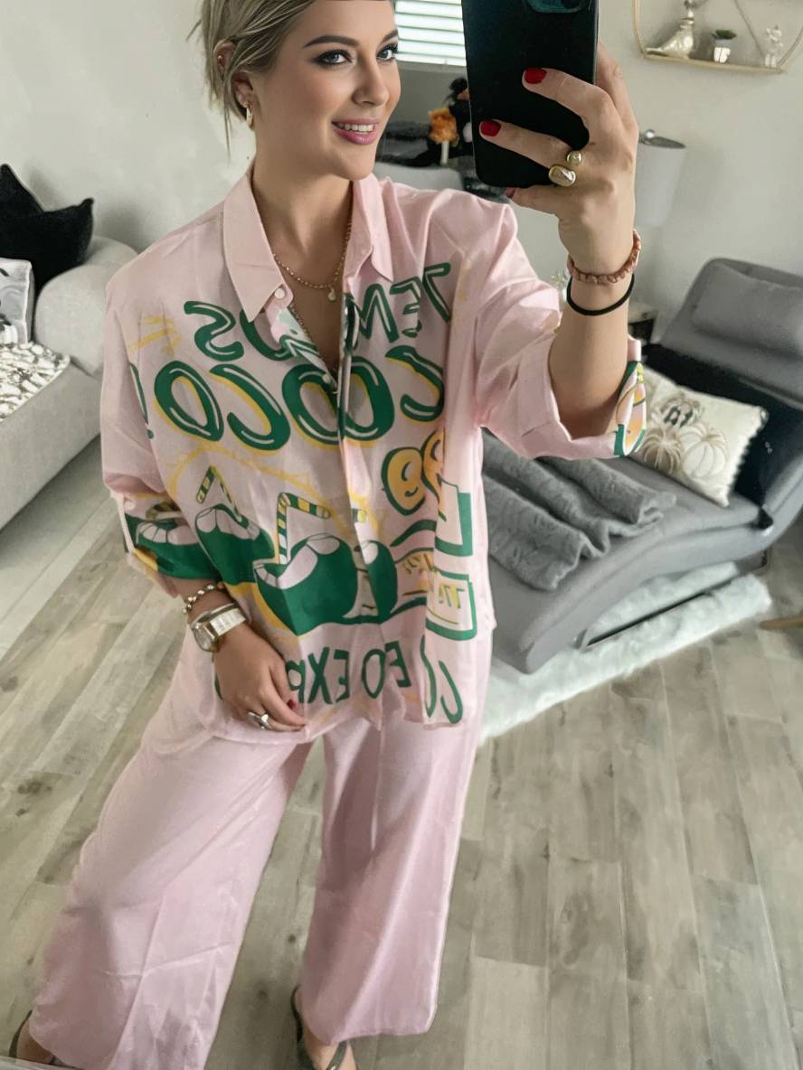 tenue ensembles avec pantalon lettres motif col chemise manches longues femme style boyfriend décontracté deux pièces