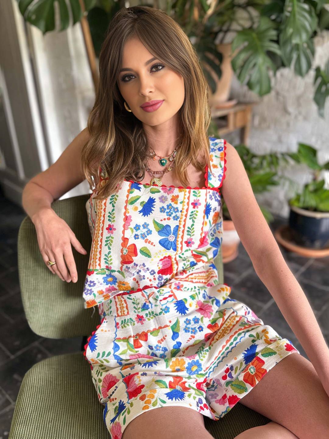 ensemble deux pièces vintage imprimé pour vacances femme haut bretelle sans manches et avec poches short style vacances