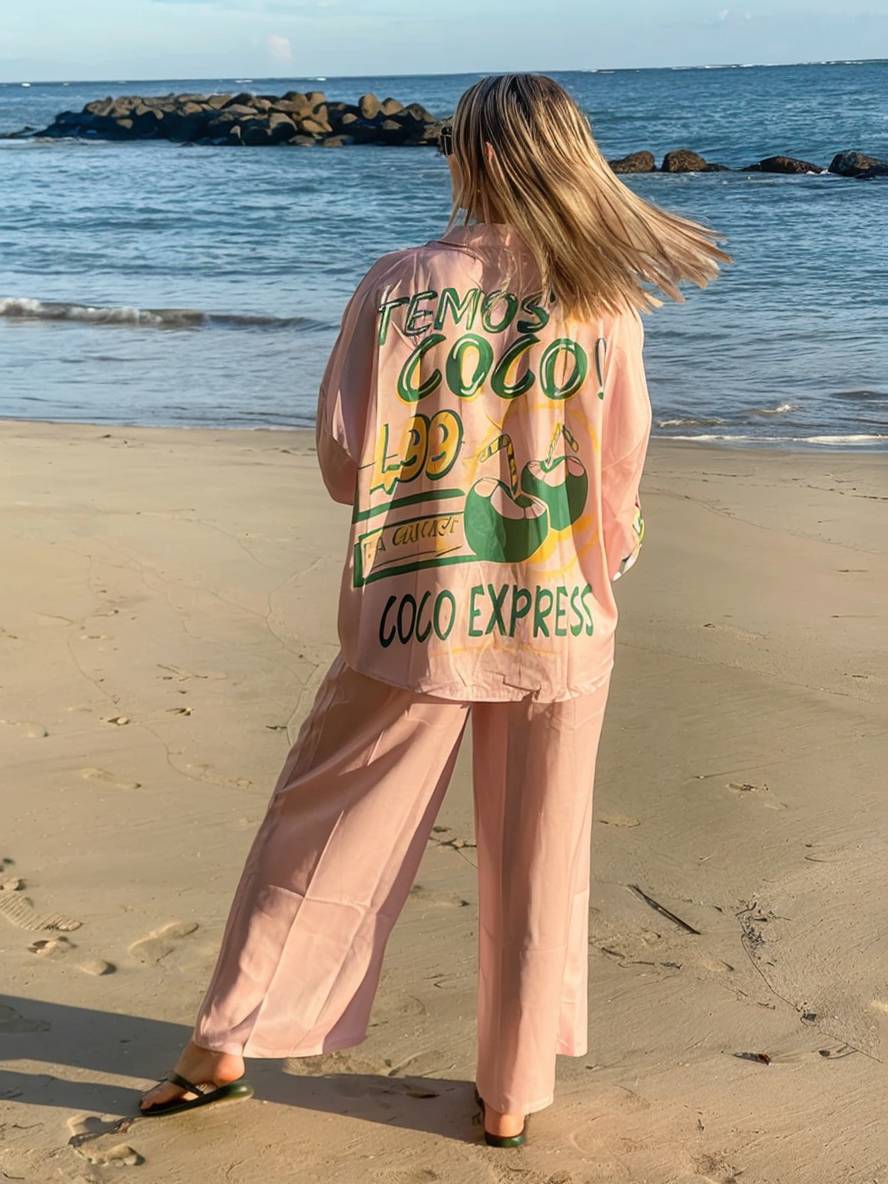 tenue ensembles avec pantalon lettres motif col chemise manches longues femme style boyfriend décontracté deux pièces