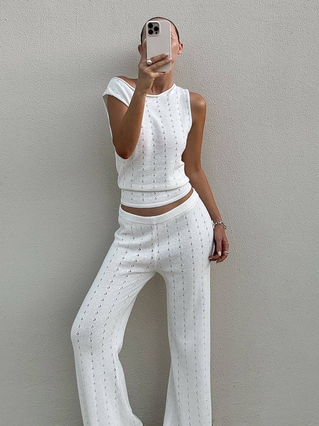 ensembles en maille ajourée avec pantalon une épaule sans manches top et pantalon large femme bohème casual de plage