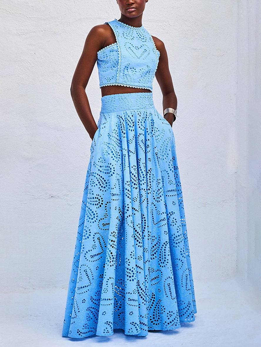 robe broderie anglaise poches sans manches hauts trapèze fluide jupe femme élégant décontracté ensemble