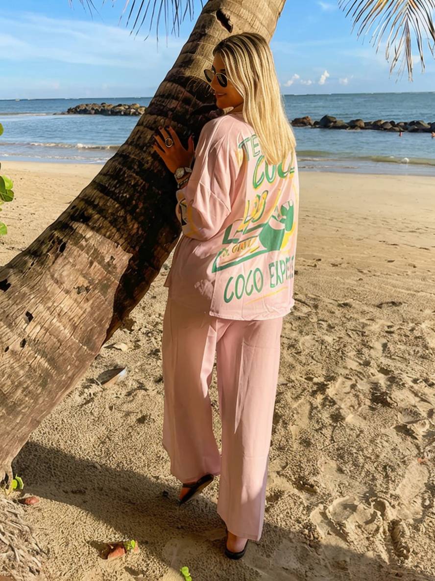 tenue ensembles avec pantalon lettres motif col chemise manches longues femme style boyfriend décontracté deux pièces