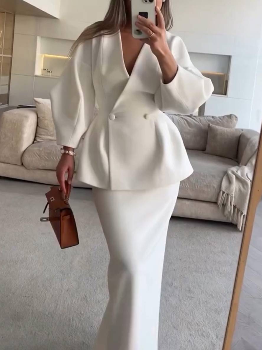 ensembles tailleur avec jupe v-cou boutons manches bouffantes manches longues veste femme élégant vintage deux pièces