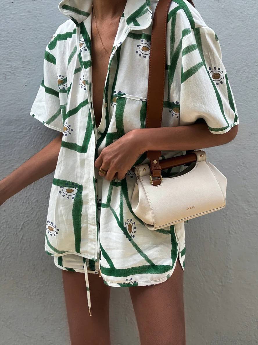 ensemble tenue imprimé à fleurie boutonnage col chemise manches courtes femme décontracté ample casual deux pièces