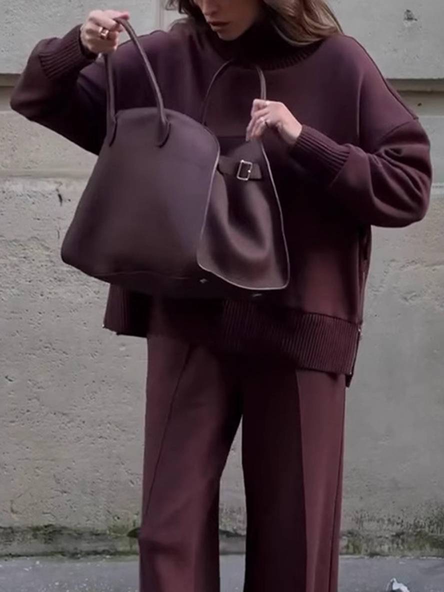 ensembles avec pantalon unicolore col roulé col montant manches longue femme élégant sport décontracté ample