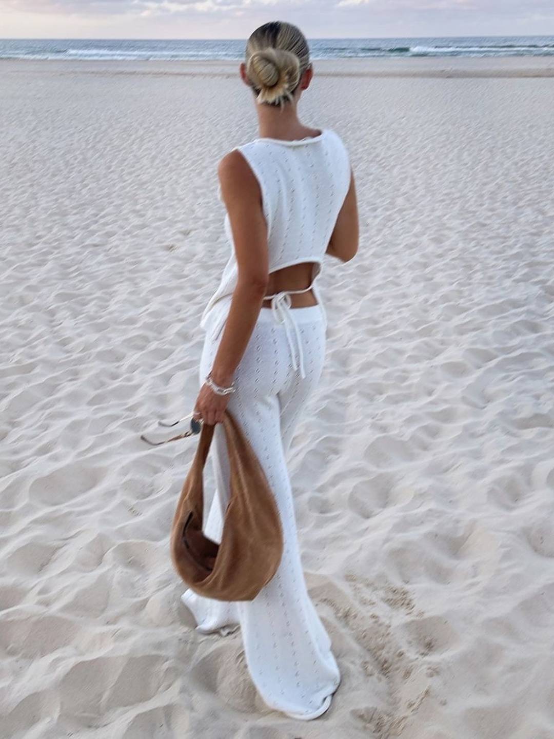 ensembles en maille ajourée avec pantalon une épaule sans manches top et pantalon large femme bohème casual de plage