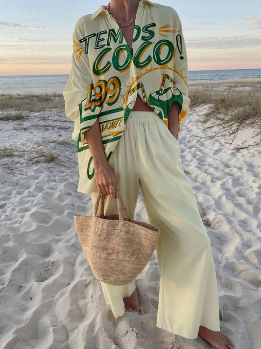 tenue ensembles avec pantalon lettres motif col chemise manches longues femme style boyfriend décontracté deux pièces