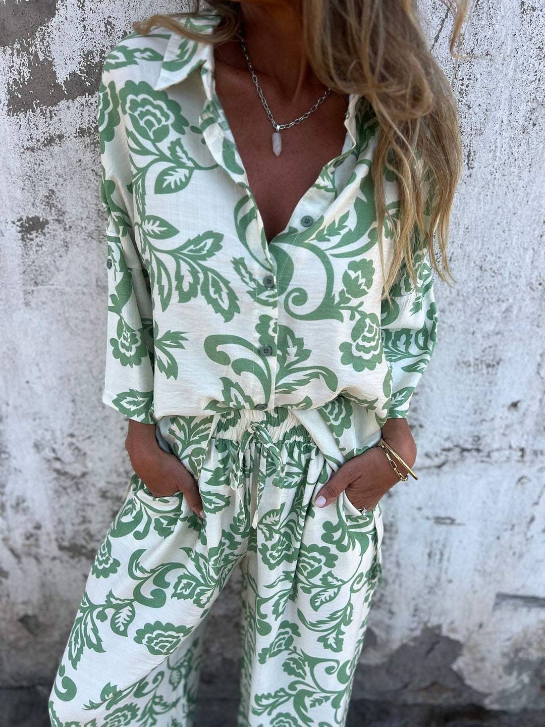 ensembles imprimé à fleurie poches col chemise manches longues chemise et pantalon femme casual décontracté deux pièces