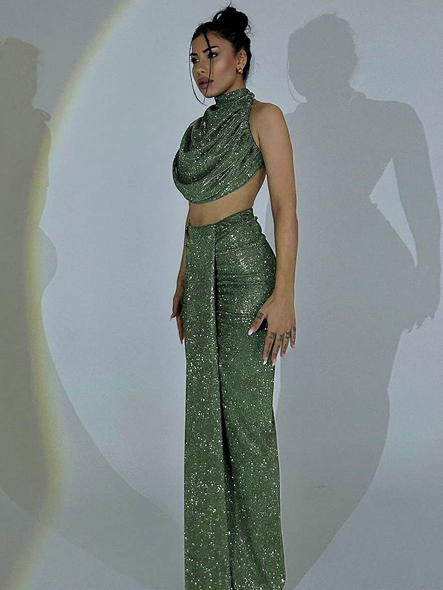 ensemble robe licou à fines brides dos nu sans manches hauts longue jupe femme décontracté deux pièces