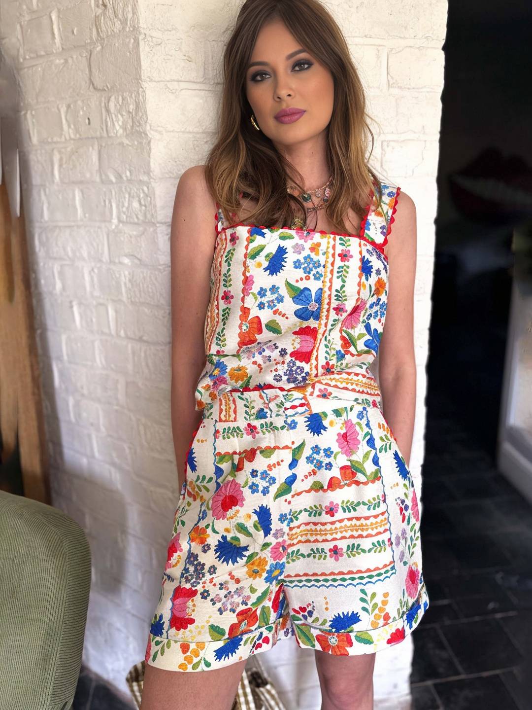 ensemble deux pièces vintage imprimé pour vacances femme haut bretelle sans manches et avec poches short style vacances