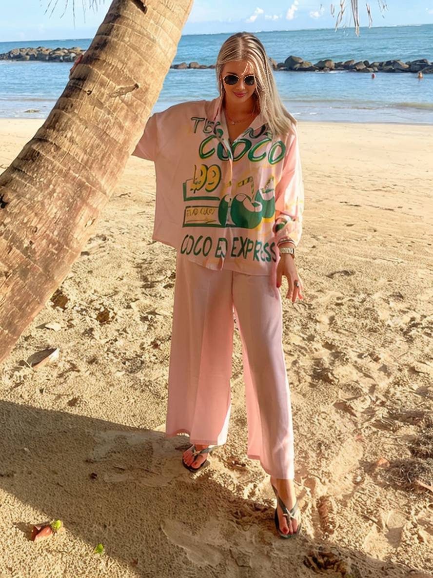 tenue ensembles avec pantalon lettres motif col chemise manches longues femme style boyfriend décontracté deux pièces