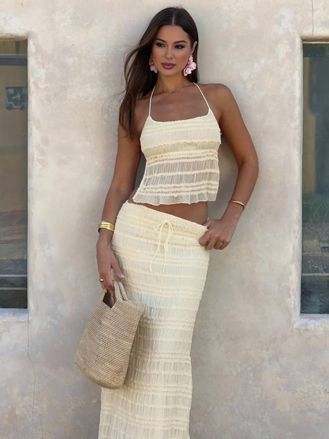 tenue ensemble avec longue jupe mousseline dos nu licou sans manches débardeur robe femme bohème décontracté deux pièces