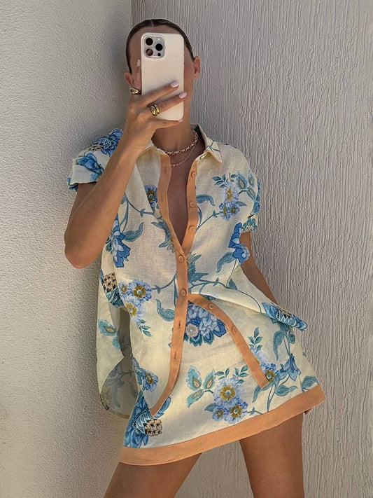 ensemble tenue avec jpue imprimé à fleurie boutonnage col chemise manches courtes chemise femme décontracté bleu jaune