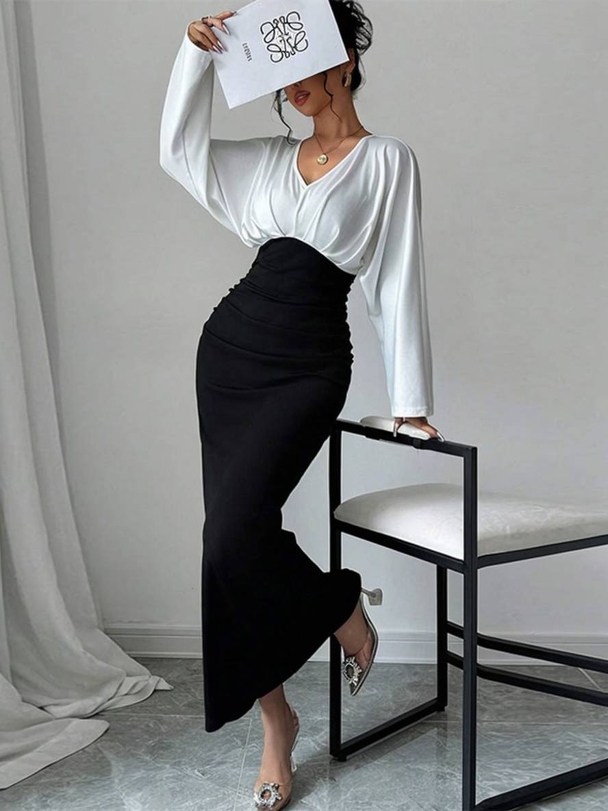 ensemble robe de bureau moulante v-cou manches longues chemise longue jupe femme style tailleur casual deux pièces