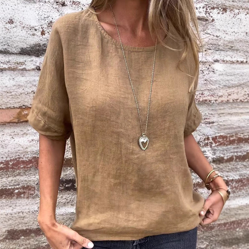 Women’s T-Shirt – Linen Blend – Loose Fit – Short Sleeve – Curved Hem Casual Style | Ponty