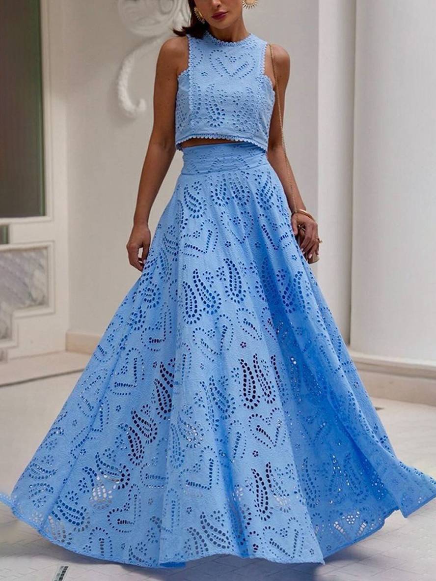 robe broderie anglaise poches sans manches hauts trapèze fluide jupe femme élégant décontracté ensemble