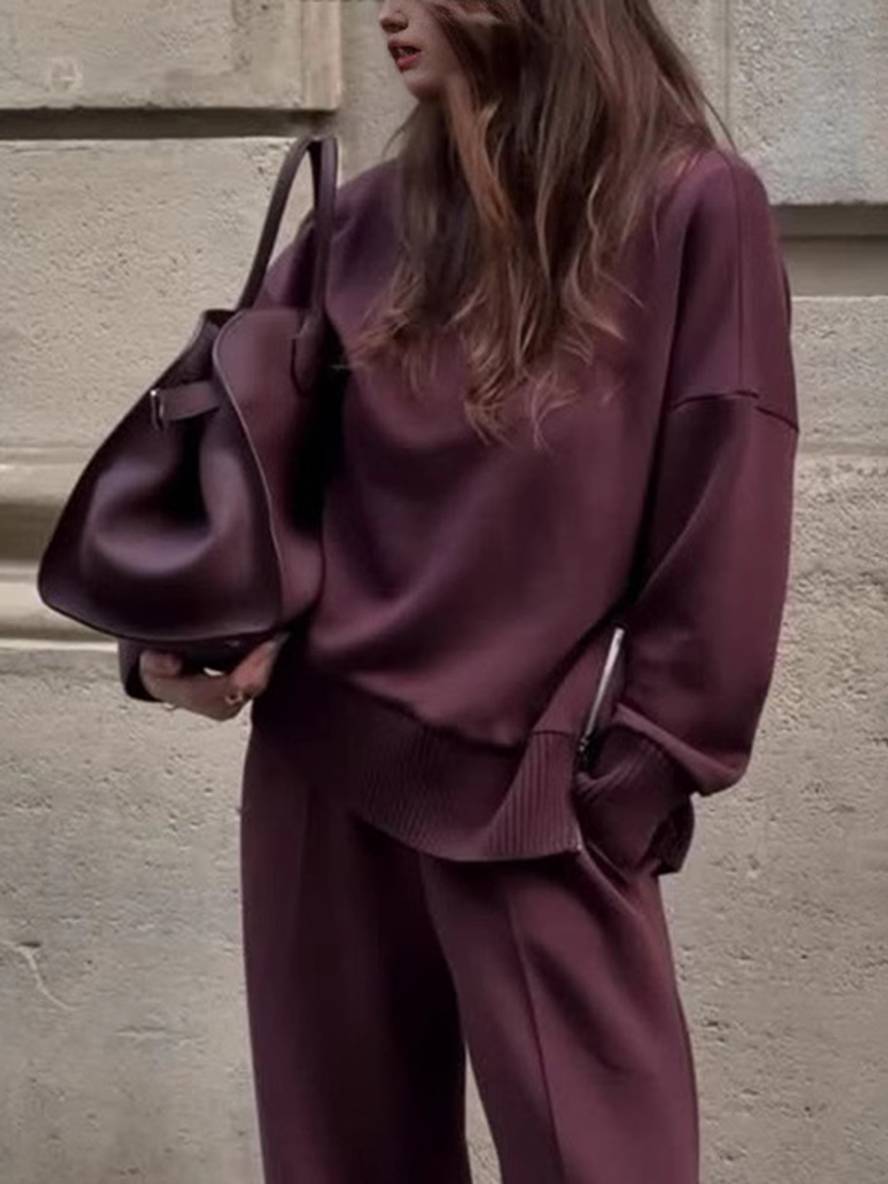 ensembles avec pantalon unicolore col roulé col montant manches longue femme élégant sport décontracté ample