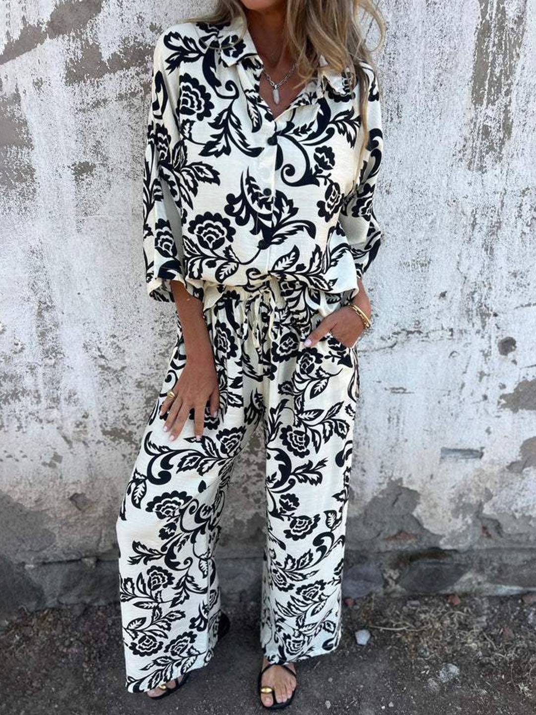 ensembles imprimé à fleurie poches col chemise manches longues chemise et pantalon femme casual décontracté deux pièces