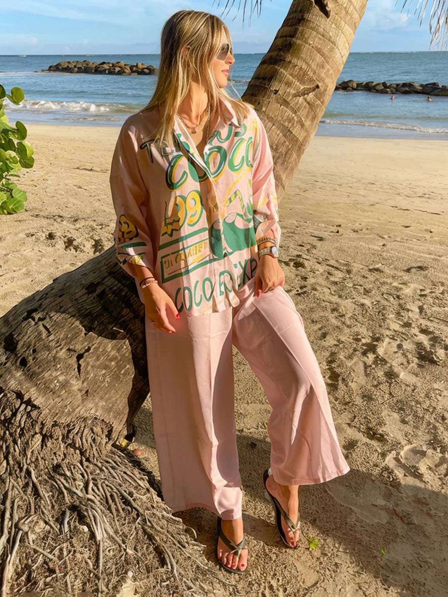 tenue ensembles avec pantalon lettres motif col chemise manches longues femme style boyfriend décontracté deux pièces