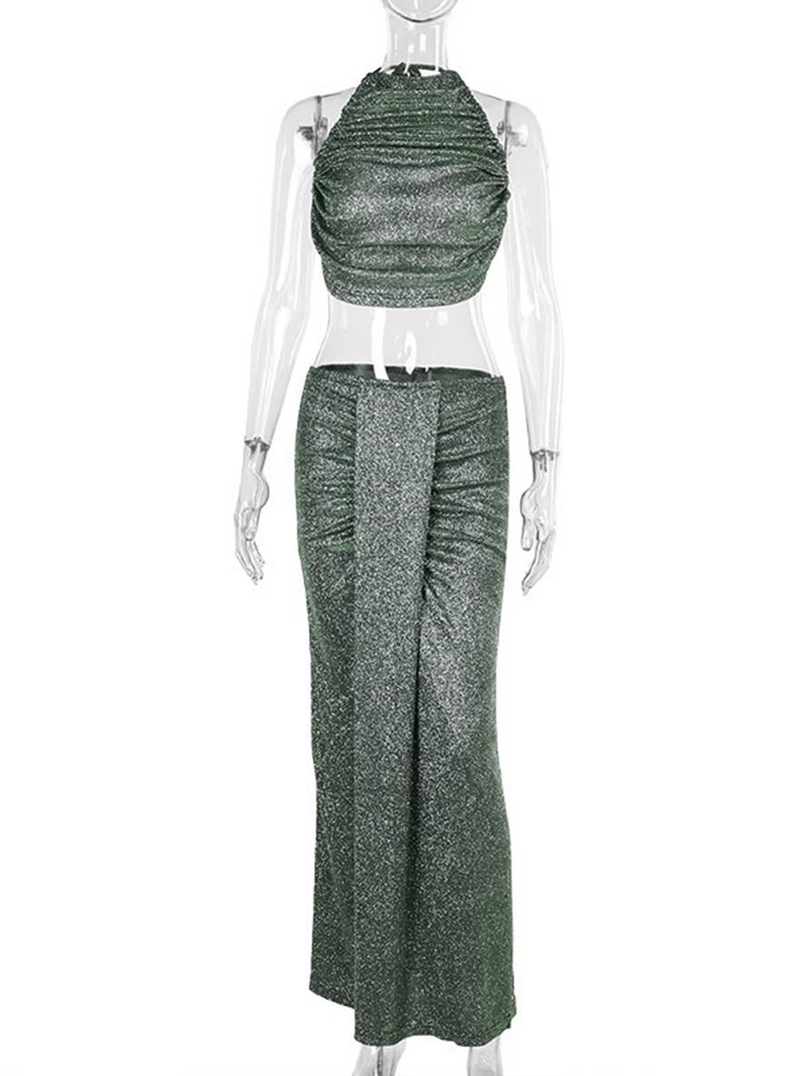 ensemble robe licou à fines brides dos nu sans manches hauts longue jupe femme décontracté deux pièces