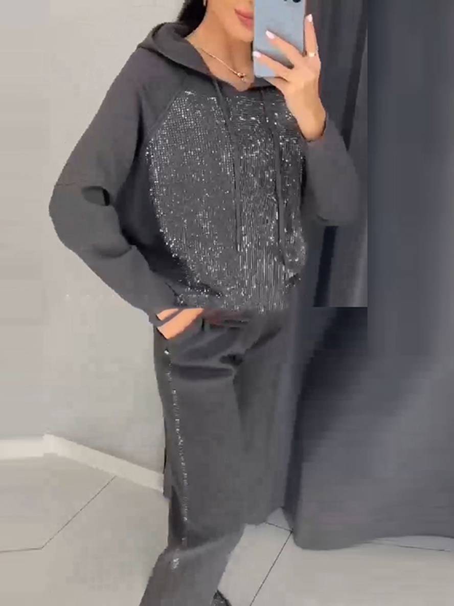 ensembles tailleur avec pantalon sweatshirt à capuche poches manches longues femme sport simple décontracté deux pièces