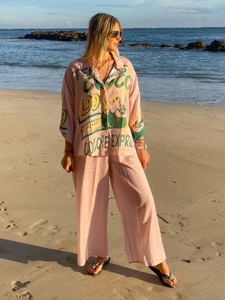 tenue ensembles avec pantalon lettres motif col chemise manches longues femme style boyfriend décontracté deux pièces