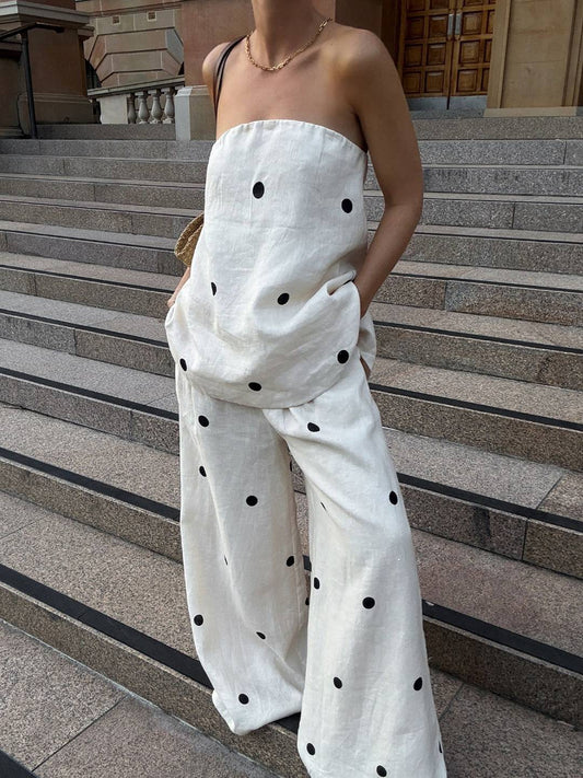 2 pièces ensembles avec pantalon larges jambes évasé top à pois fendu fermeture éclair bustier pour femme les vacances