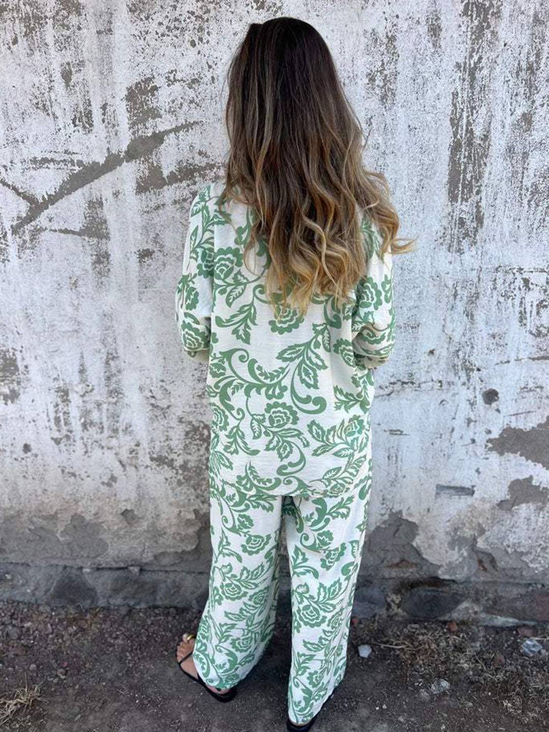 ensembles imprimé à fleurie poches col chemise manches longues chemise et pantalon femme casual décontracté deux pièces