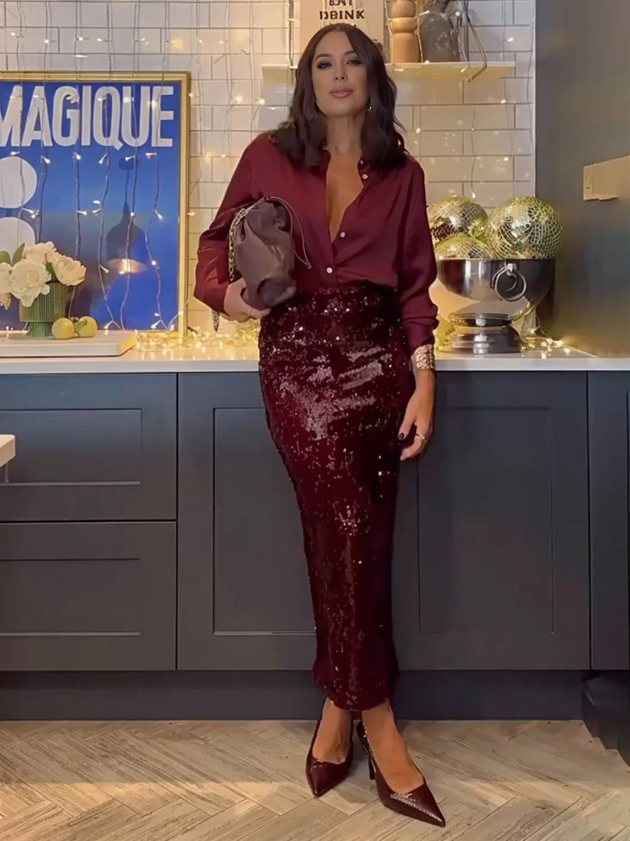 ensemble avec brillante paillette fendu jupe boutonnage col chemise manches longues blouse femme style tailleur deux pièces