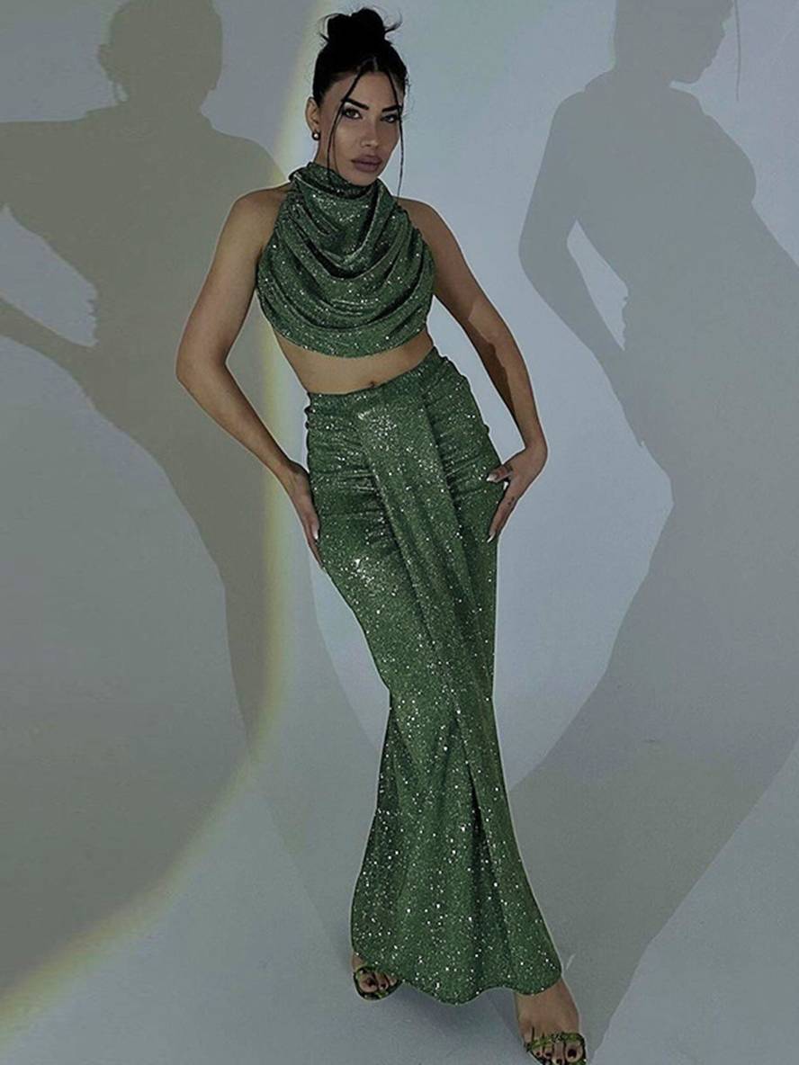 ensemble robe licou à fines brides dos nu sans manches hauts longue jupe femme décontracté deux pièces