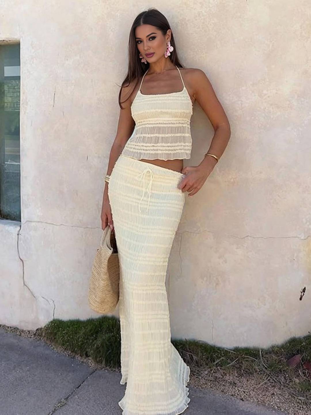 tenue ensemble avec longue jupe mousseline dos nu licou sans manches débardeur robe femme bohème décontracté deux pièces