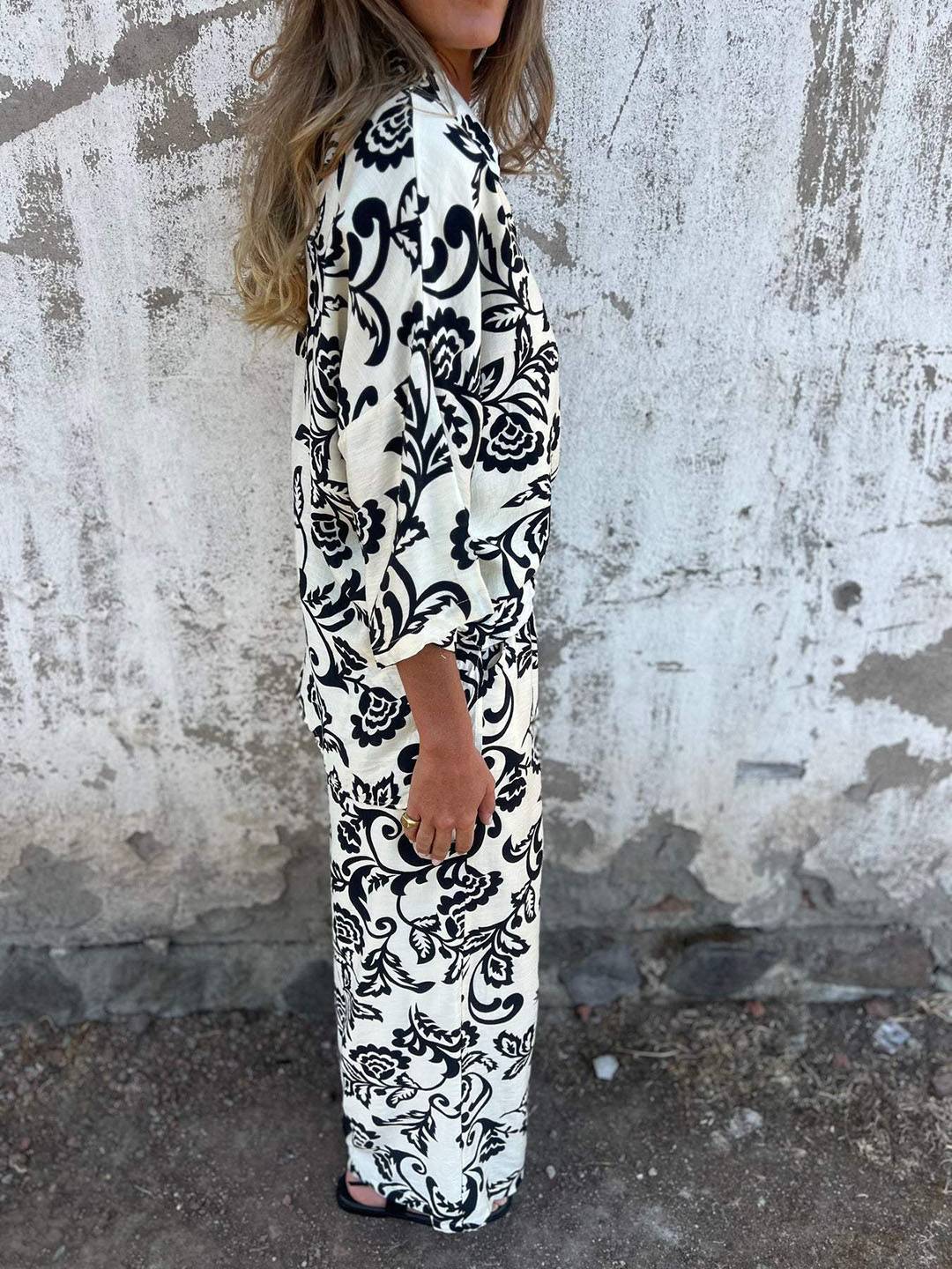 ensembles imprimé à fleurie poches col chemise manches longues chemise et pantalon femme casual décontracté deux pièces