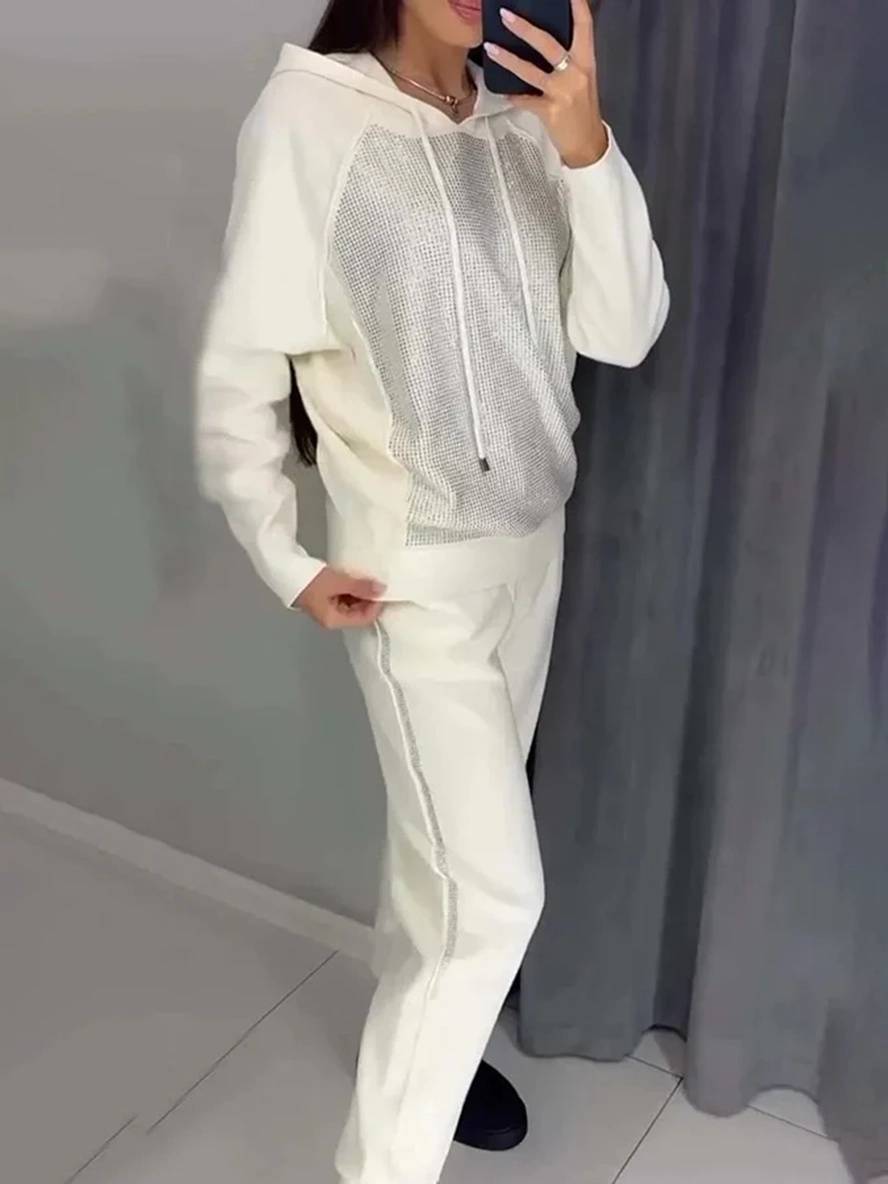 ensembles tailleur avec pantalon sweatshirt à capuche poches manches longues femme sport simple décontracté deux pièces