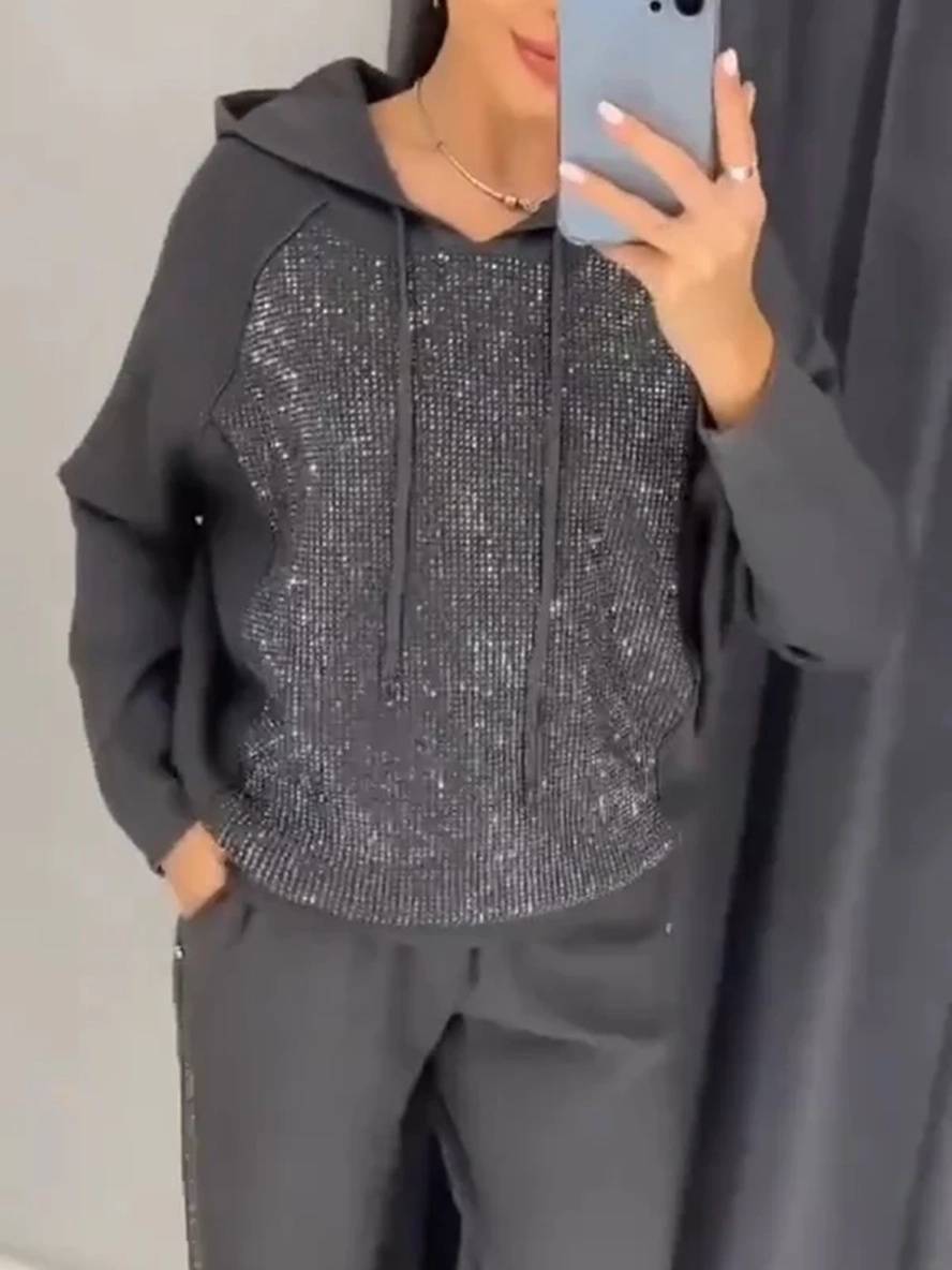 ensembles tailleur avec pantalon sweatshirt à capuche poches manches longues femme sport simple décontracté deux pièces