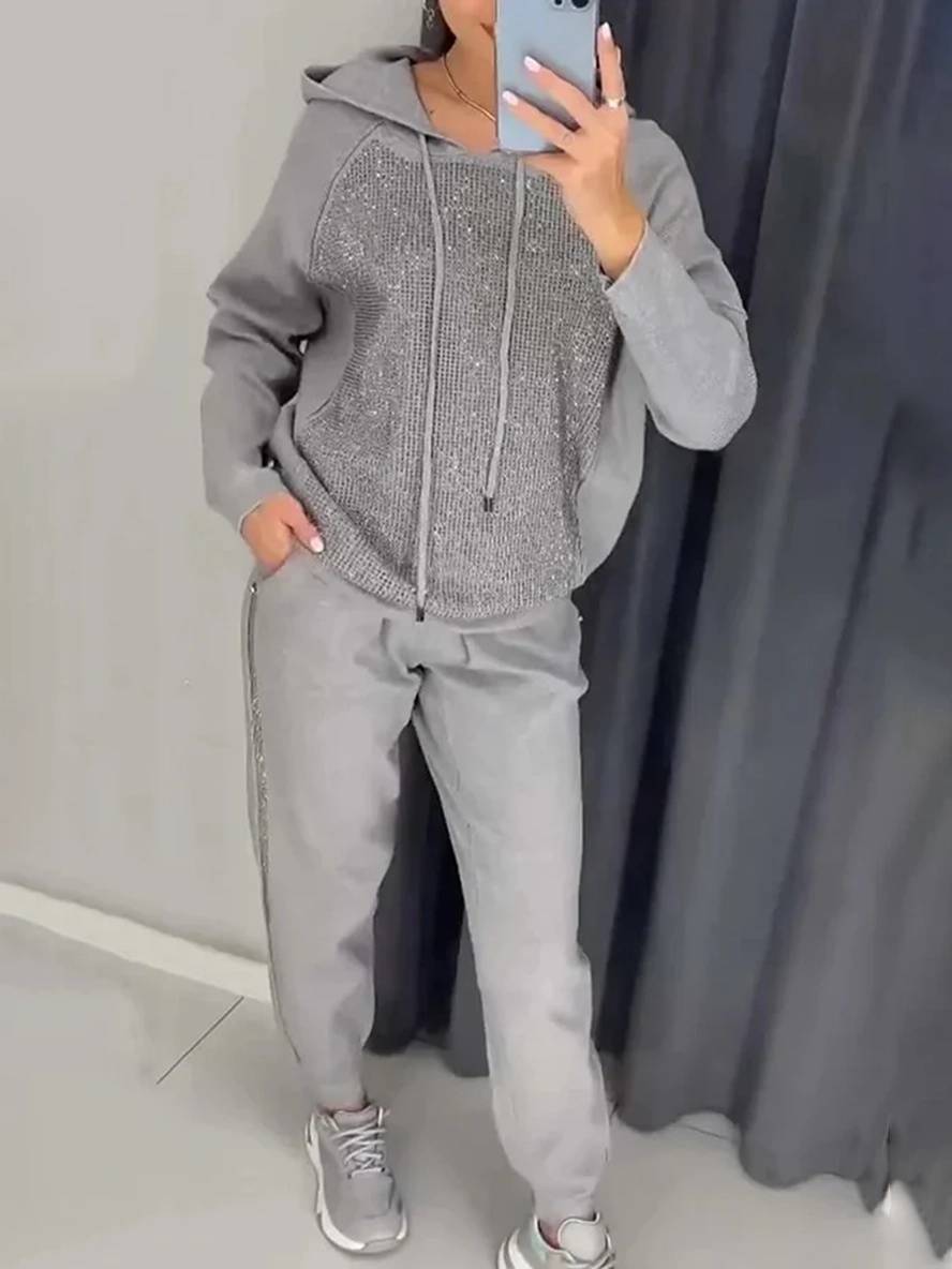 ensembles tailleur avec pantalon sweatshirt à capuche poches manches longues femme sport simple décontracté deux pièces