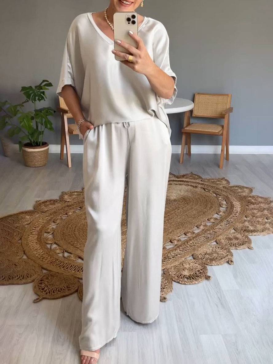 ensembles avec pantalon v-cou poches manches chauve souris manches courtes femme élégant décontracté ample deux pièces