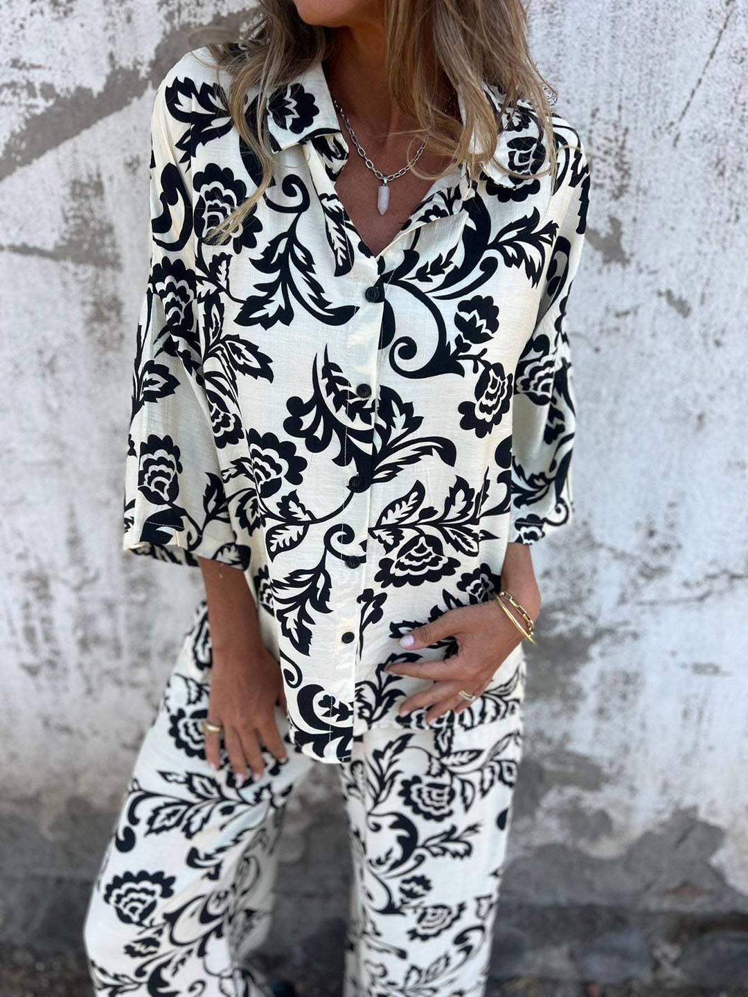 ensembles imprimé à fleurie poches col chemise manches longues chemise et pantalon femme casual décontracté deux pièces