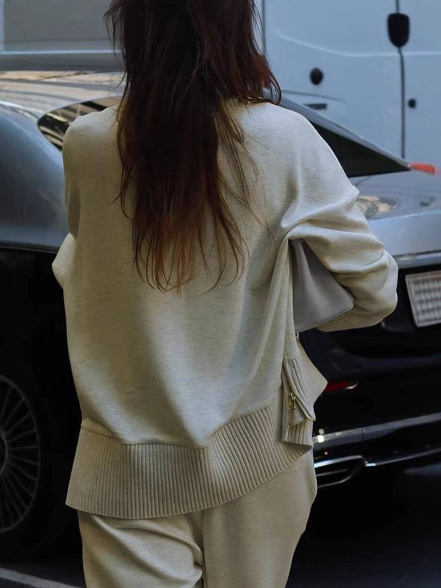 ensembles avec pantalon unicolore col roulé col montant manches longue femme élégant sport décontracté ample