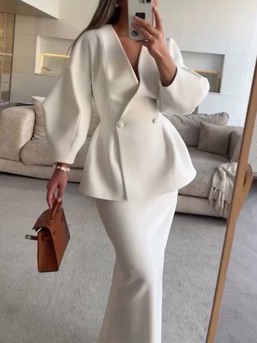 ensembles tailleur avec jupe v-cou boutons manches bouffantes manches longues veste femme élégant vintage deux pièces